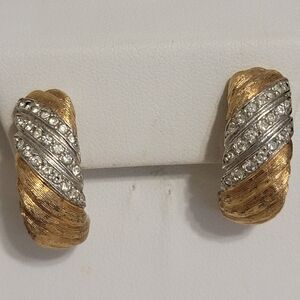 Vintage Christian Dior Chr Dior Rhinestone Textured Half Hoop Pierced Earrings